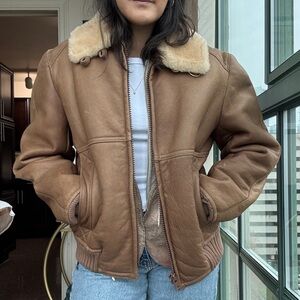 Tan Leather Jacket with Cream Collar
